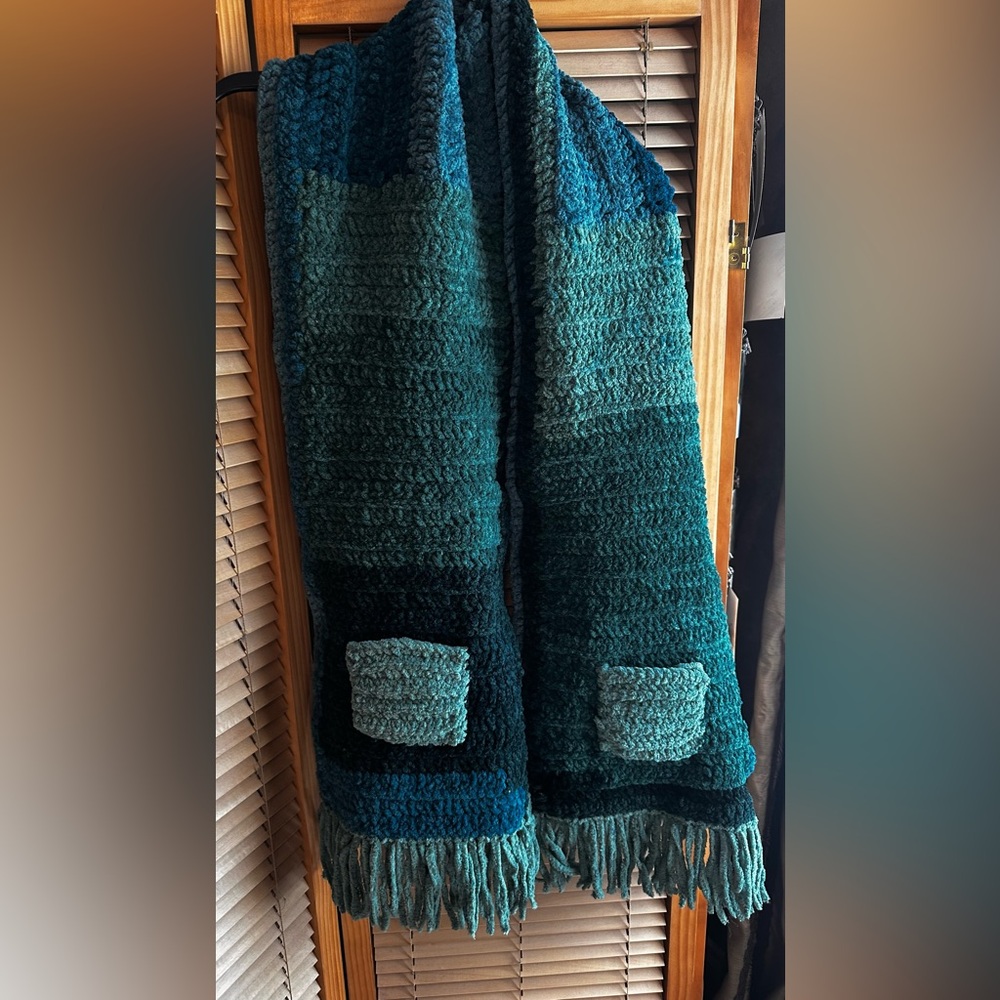 Handmade crochet green ombre pocket shawl wrap cozy fringe sweater scarf
